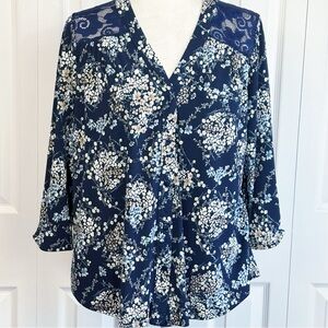 Amana Navy Blue Floral Lace Inset 3/4 Sleeve Button Up Blouse Large